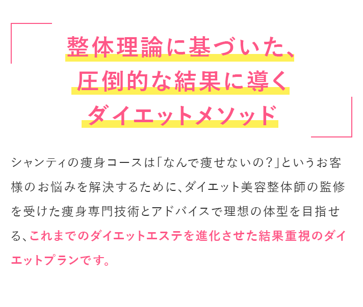 
              整体理論に基づいた、圧倒的な結果に導くダイエットメソッド
              美容整体ダイエット,痩身実績 ２０年以上！,１０万人突破！